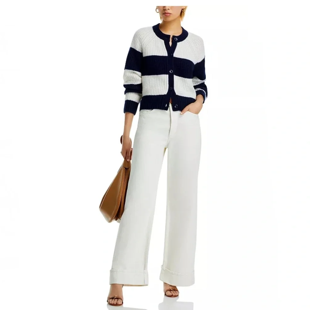 Luxurious 100% Cashmere Rugby Stripe Shaker Stitch Cardigan By Aqua in Navy / Iv - Picture 1 of 5